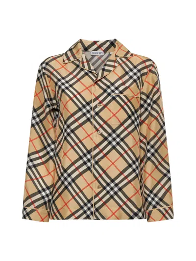 Burberry Embroidered Silk Shirt For Women In Sand