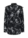 Burberry Chain-print Long-sleeve Collared Silk Top In Silver/black