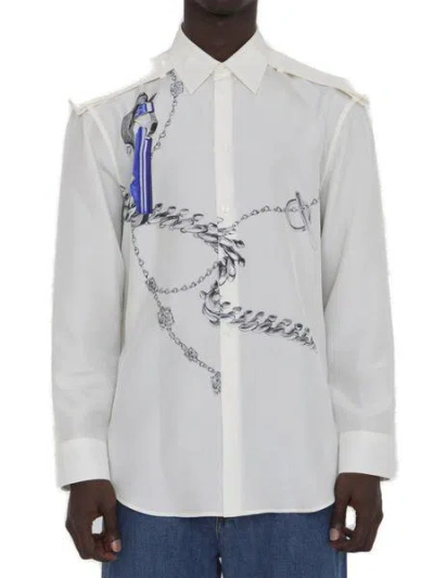 BURBERRY MEN'S WHITE SILK SHIRT WITH KNIGHT MOTIF FOR SS24