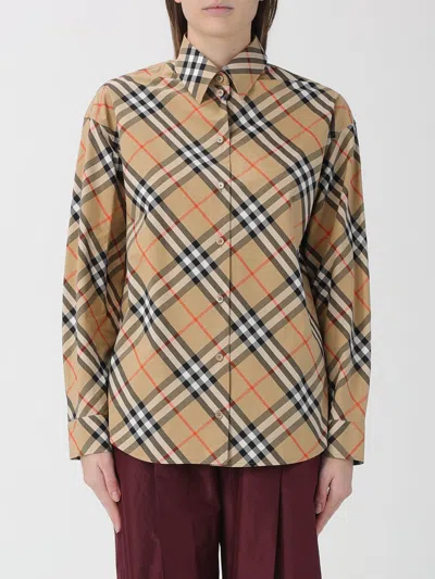 Burberry Women Beige Shirt With Classic Collar And All-over Check Motif In Cotton Woman In Brown