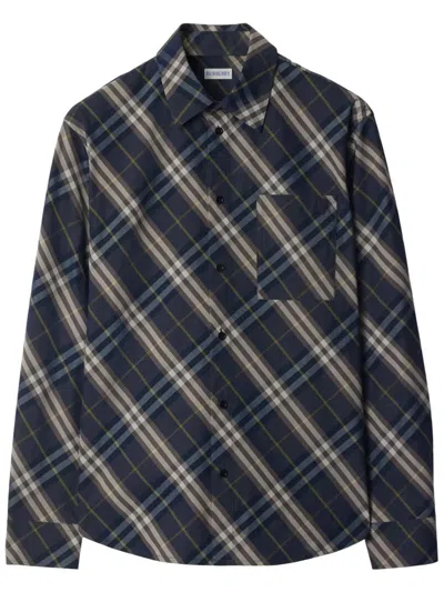 Burberry Check Button-down Shirt With Front Pocket In Blue