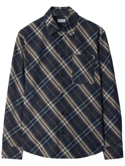 Burberry Check Button-down Shirt With Front Pocket In Blue