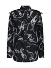 Burberry Chain-print Long-sleeve Collared Silk Top In Silver/black