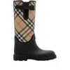 Burberry Woven Check Rain Boots With Adjustable Buckle And Equestrian Design In Black