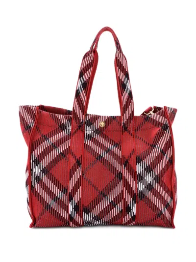 Pre-owned Burberry Shopper Knit Check Jacquard Medium Tote Bag In Red