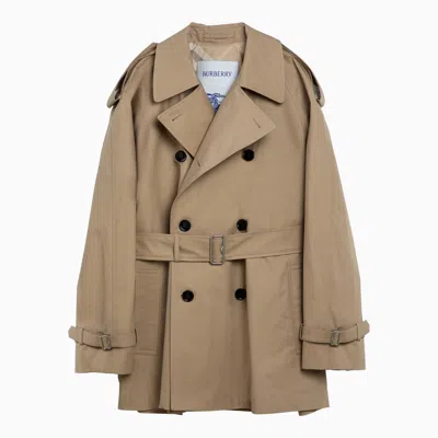 Burberry Short Double Breasted Beige Trench Coat With Belt In Brown