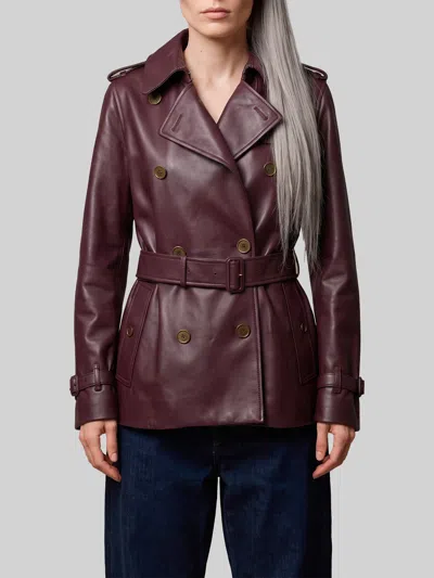 Burberry Lambskin Leather Short Double-breasted Trench Coat In Burgundy