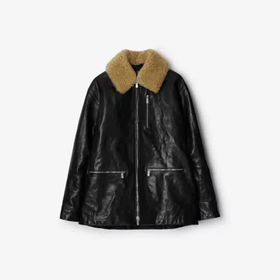 Burberry Short Leather Car Coat In Black
