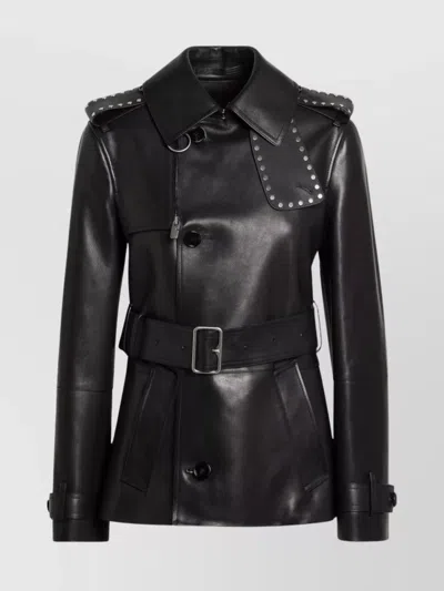 BURBERRY SHORT LEATHER JACKET WITH STUDS AND BUCKLE