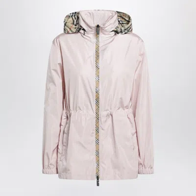 Burberry Short Pink Parka In Nylon With Check Tape