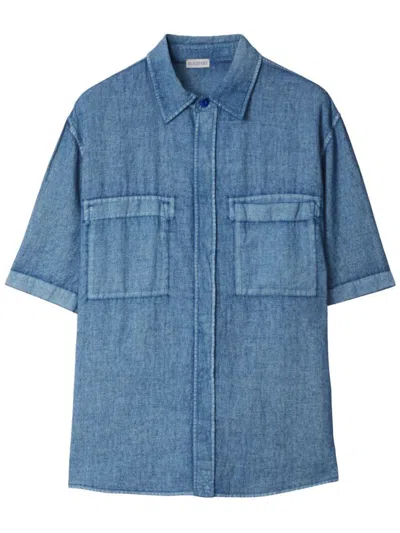 Burberry Short-sleev Cotton Shirt In Blue