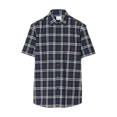Burberry Short Sleeve Check Pattern Cotton Shirt In Blue