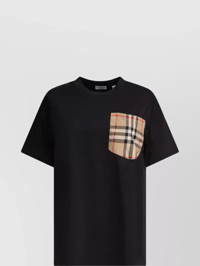 Burberry Short Sleeve Checked Crew Neck T-shirt With Chest Pocket In Black