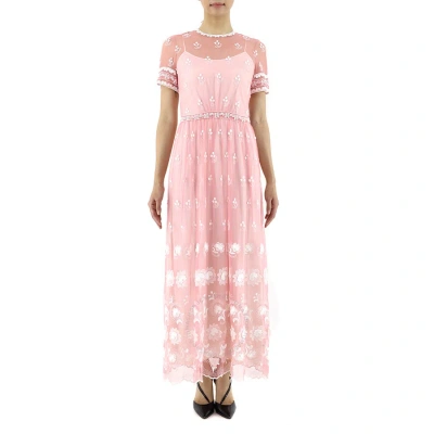 Burberry Short-sleeve Embroidered Tulle Dress In Rose Pink And White In Rose Pink/white