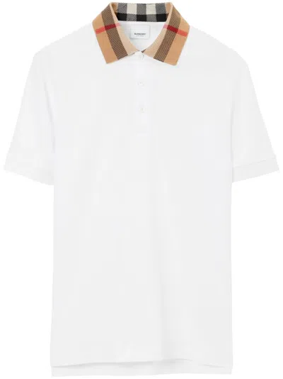 Burberry Check-collar White Polo Shirt With Three-button Placket