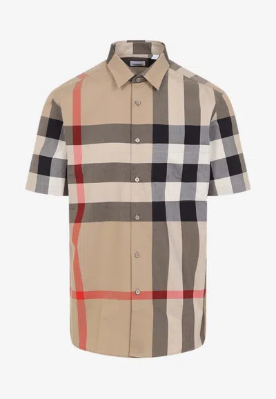 Burberry Men Cotton Shirt With Check Print In Multi