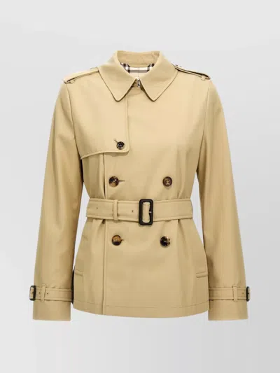 Burberry Short Trench Coat With Belt And Epaulettes In Neutral