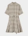Burberry Short-sleeve Check Linen-blend Belted Mini Shirtdress In Multi