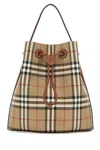 Burberry Check Pattern Canvas Bucket Bag With Top Handle And Leather Trim In Multi