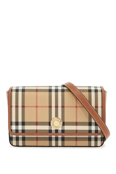 Burberry Checkered Pattern Shoulder Bag With Leather Trim In Beige