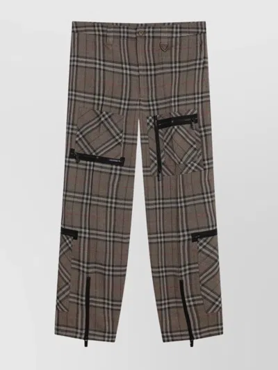 Burberry Silk Blend Cargo Pants With Check Pattern In Brown