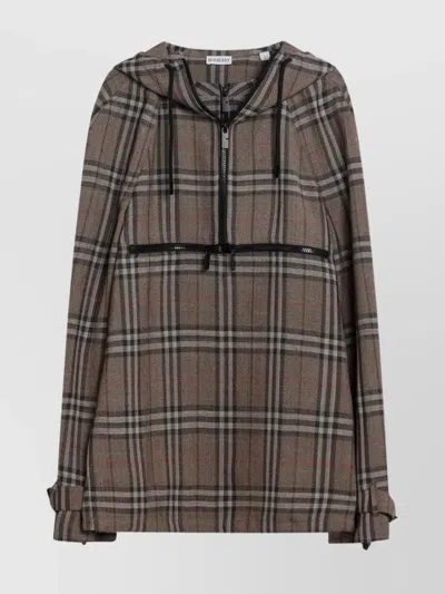 BURBERRY SILK BLEND HALF ZIP JACKET WITH CHECK PATTERN