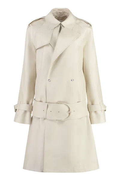 Burberry Silk Blend Trench Jacket With Gun Flap Storm Shield And Buckle Details In Ivory