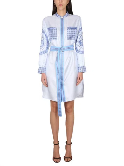 Burberry Monument-print Belted Silk Shirt Dress In Foxglove Blue