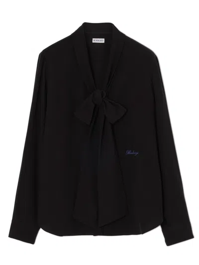 Burberry Silk Embroidered Logo Scarf-tail Blouse In Black