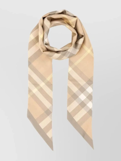 Burberry Silk Foulard With Checkered Design And Fringed Edges In Brown
