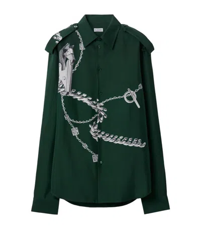 Burberry Knight Accessories-print Silk Shirt In Silver/green