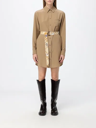 Burberry Silk Mini Shirt Dress With Classic Collar And Waist Belt In Brown