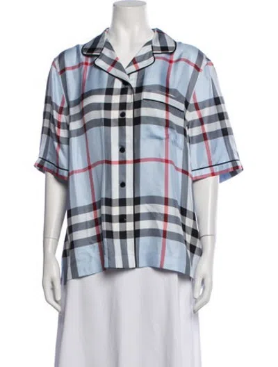 Pre-owned Burberry Silk Plaid Print Blouse In Blue