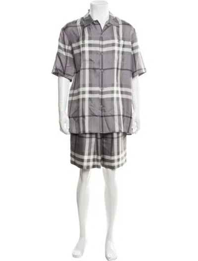 Pre-owned Burberry Silk Plaid Print Pajama Bottoms In Gray