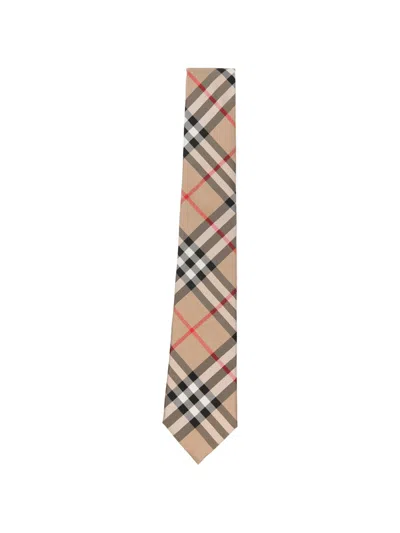 Burberry Silk Tie With Iconic Check Pattern In Beige