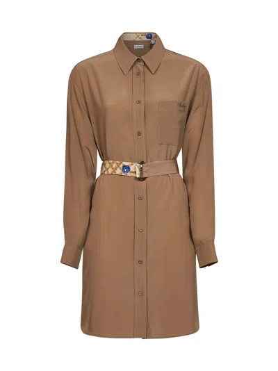Burberry Silk With Detachable Printed Belt Shirt Dress In Brown