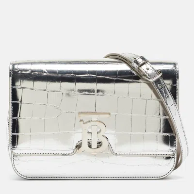 Pre-owned Burberry Silver Croc Embossed Leather Small Tb Shoulder Bag