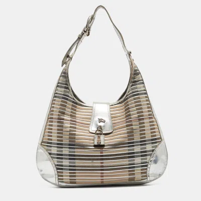 Pre-owned Burberry Silver/beige House Check Coated Canvas And Patent Leather Brooke Hobo