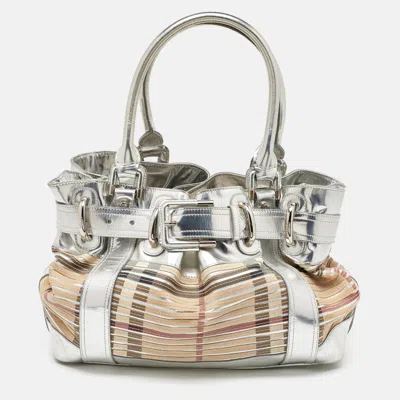 Pre-owned Burberry Silver/beige Sliced Coated Canvas And Leather Large Beaton Tote