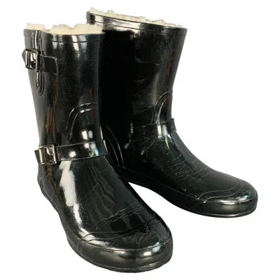 Pre-owned Burberry Size 10 Black Rubber Shearling Lined Rain Boots