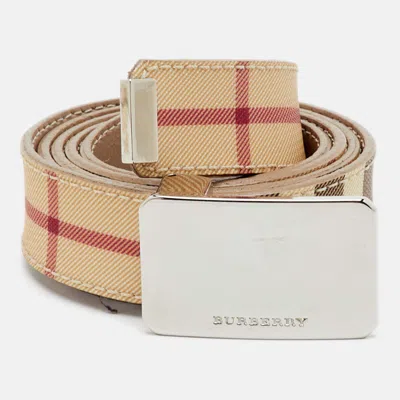 Pre-owned Burberry Size 100 Beige Novacheck Pvc Logo Plaque Belt In Sand