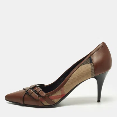 Pre-owned Burberry Size 3 Brown/beige House Check Canvas And Leather Pointed Toe Buckle Pumps