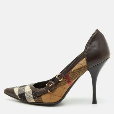 Pre-owned Burberry Size 36 Brown/beige Leather And House Check Canvas Pointed Toe Pumps In Sand