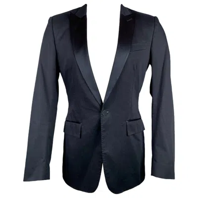 Pre-owned Burberry Size 36 Navy Cotton Blend Peak Lapel Tuxedo Sport Coat In Blue