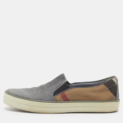 Pre-owned Burberry Size 37 Blue/house Check Canvas And Suede Slip On Loafers