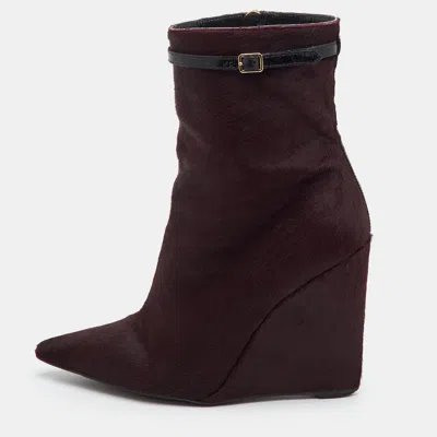 Pre-owned Burberry Size 37 Burgundy Calf Hair And Patent Leather Wedge Ankle Length Boots