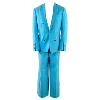 Pre-owned Burberry Size 38 Aqua Wool Peak Lapel Double Breasted Suit In Blue