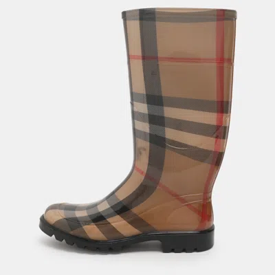 Pre-owned Burberry Size 38 Beige Nova Check Rubber Rain Boots In Sand