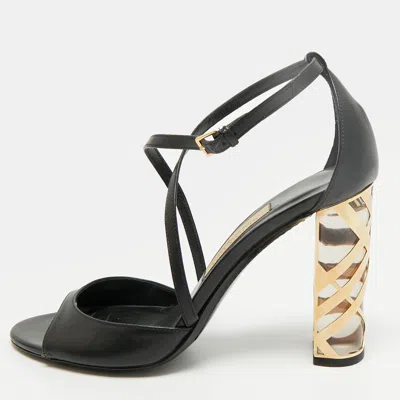 Pre-owned Burberry Size 38 Black Leather Ankle Strap Block Heel Sandals