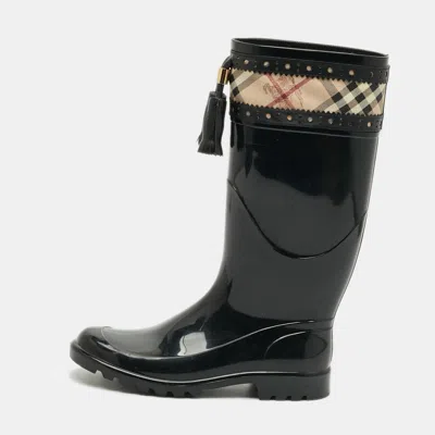 Pre-owned Burberry Size 38 Black/beige Canvas And Rubber Rain Boots